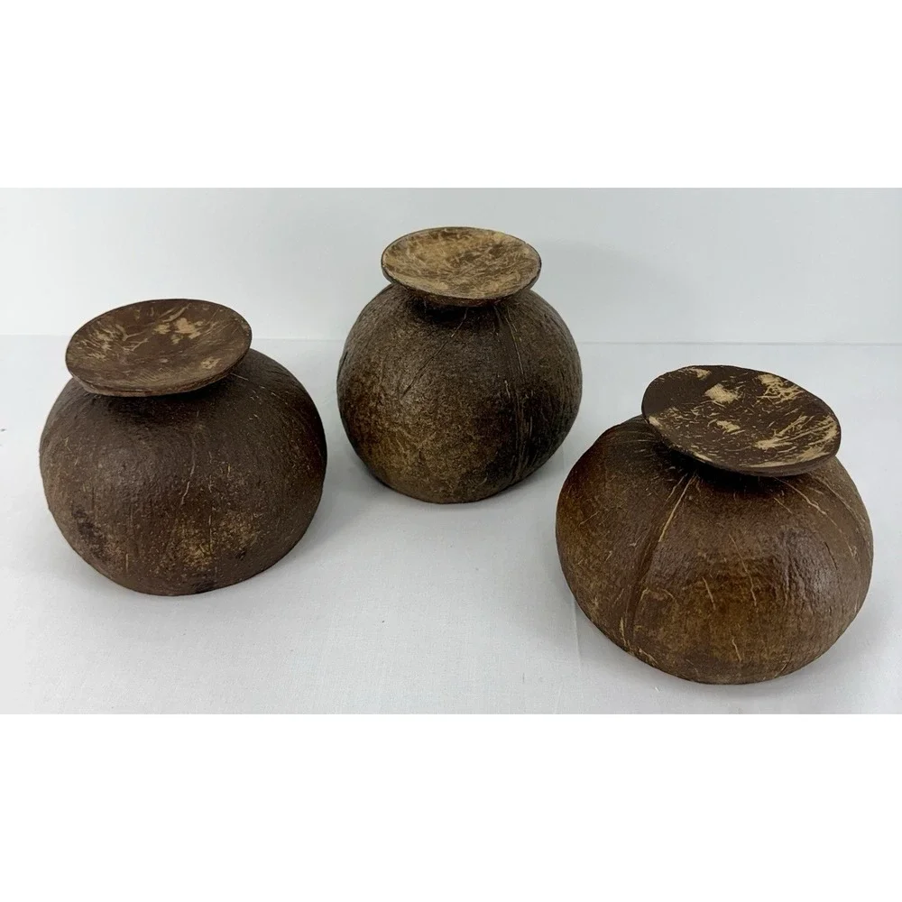 Coconut Shell Footed Bowl/ Cup‎ Set Of Three (3) Handmade Tropical Tiki Luau